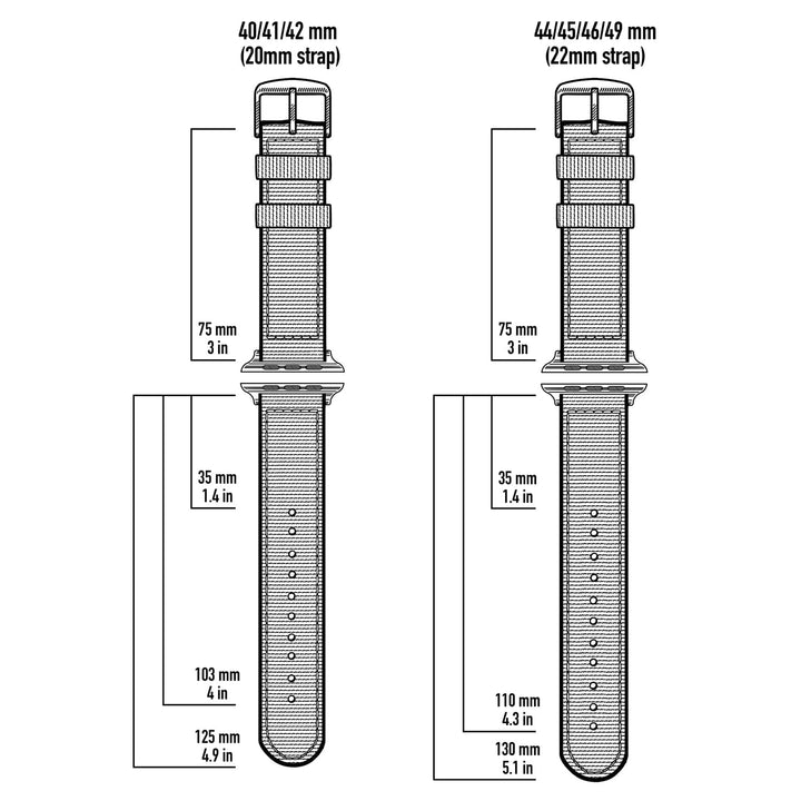 Apple Watch band sizing diagram showing 20mm strap fits 40/41/42mm cases and 22mm strap fits 44/45/46/49mm cases, with strap length dimensions