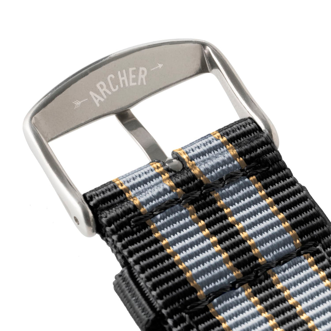 Apple Watch Nylon Watch Band in Black, Gray, Gold/Stainless – buckle and logo detail