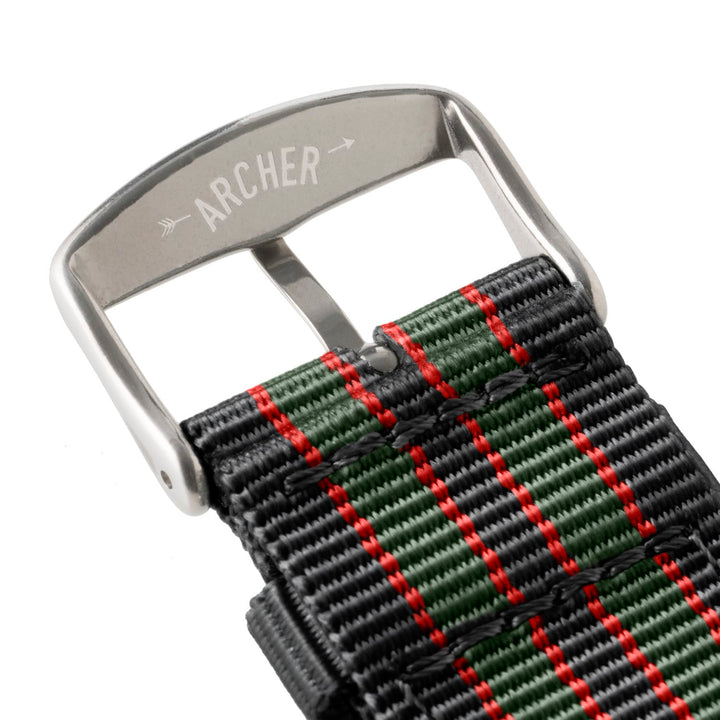 Apple Watch Nylon Watch Band in Black, Red, Green/Stainless – buckle and logo detail