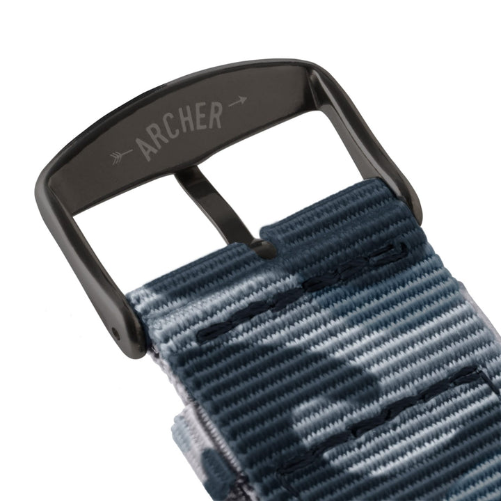 Apple Watch Nylon Watch Band in Blue Camo/Black – buckle and logo detail