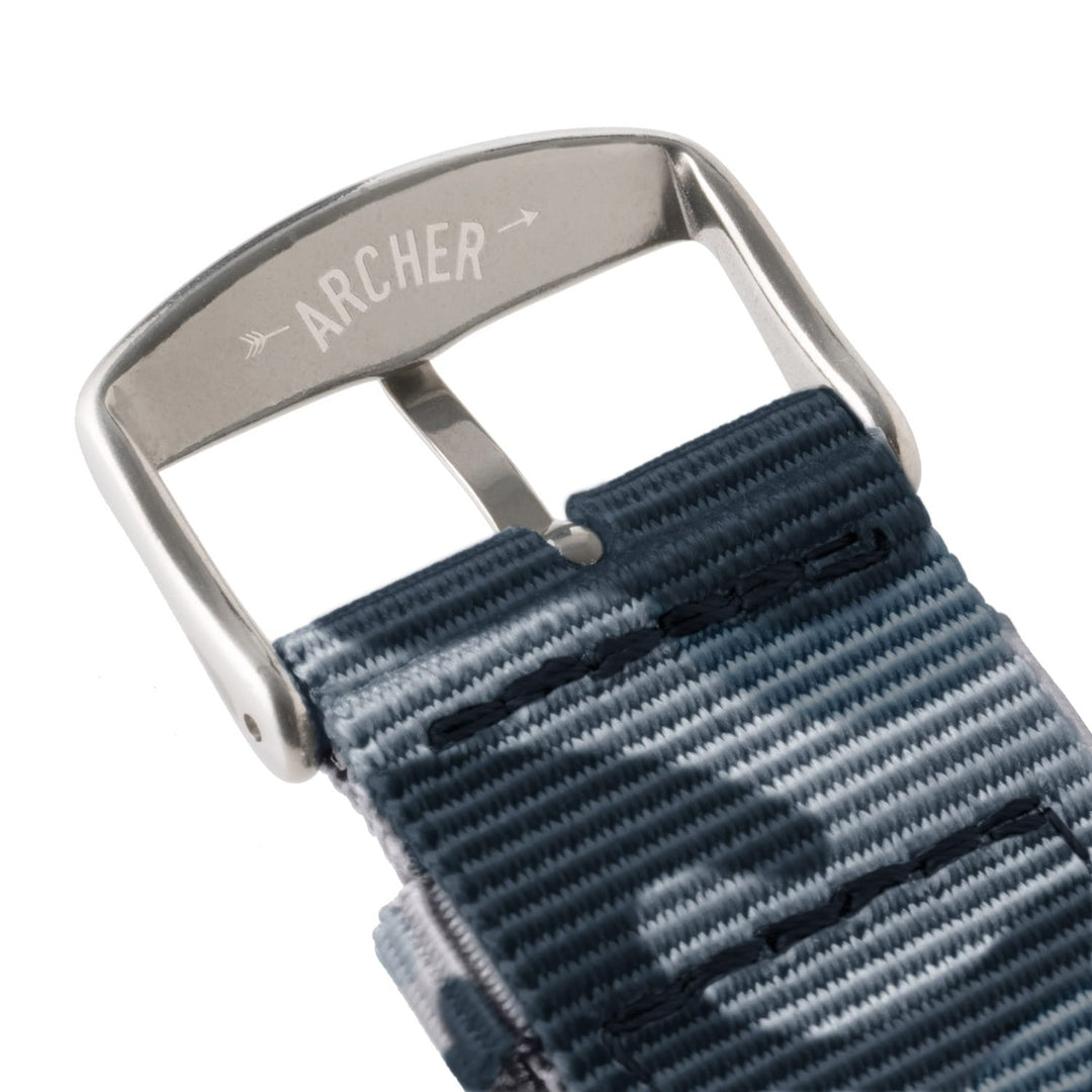 Apple Watch Nylon Watch Band in Blue Camo/Stainless – buckle and logo detail