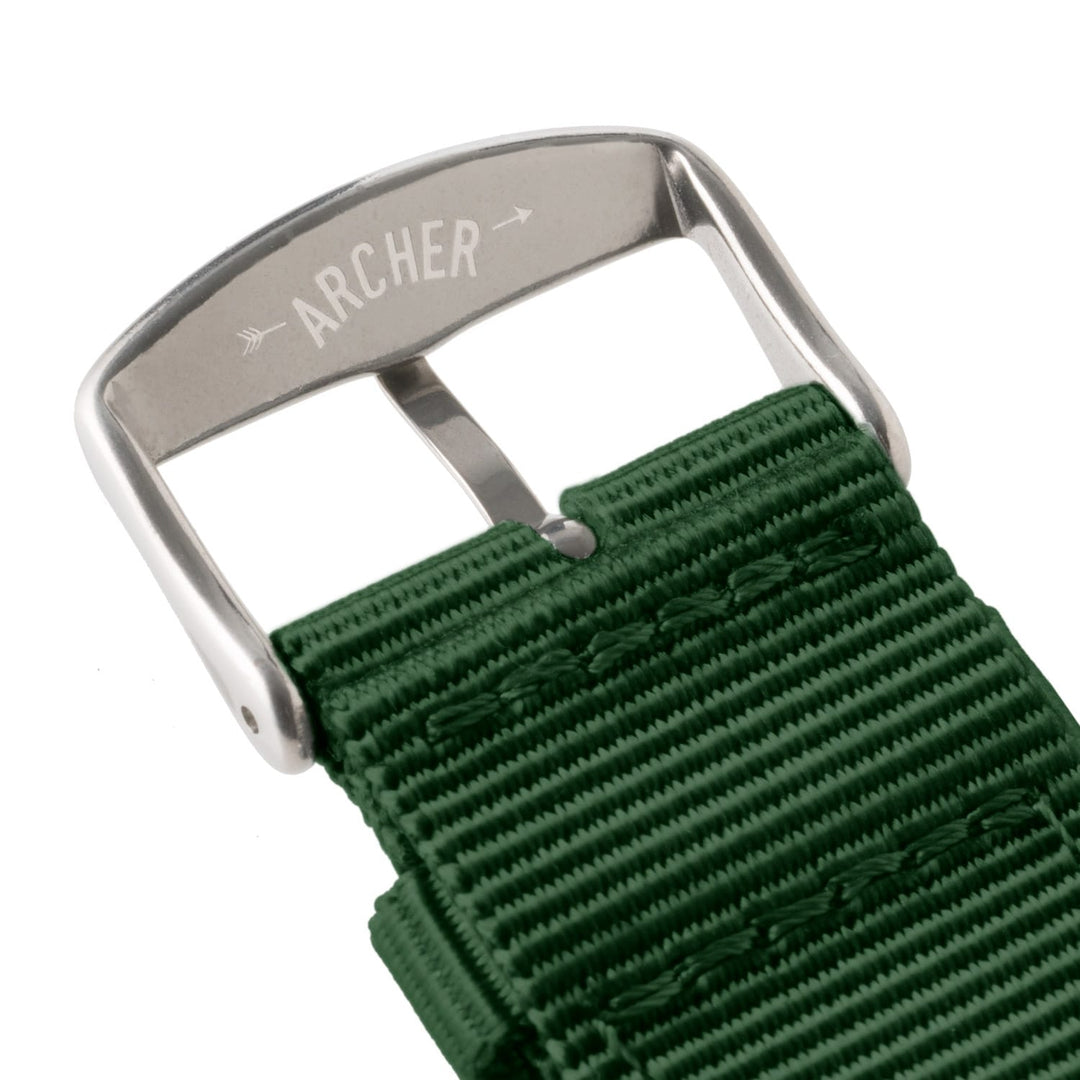 Apple Watch Nylon Watch Band in Forest Green/Stainless – buckle and logo detail