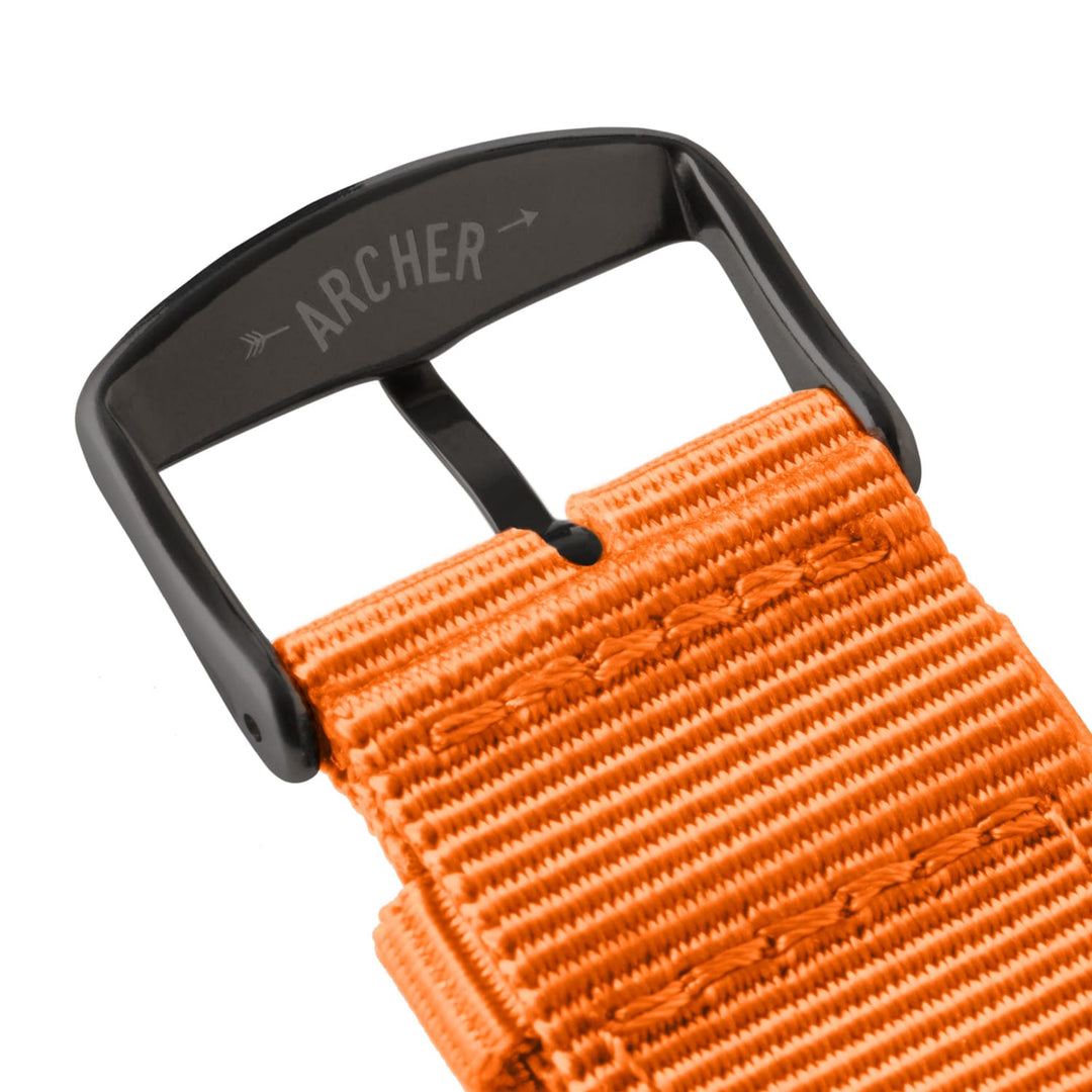 Apple Watch Nylon Watch Band in Orange/Black – buckle and logo detail
