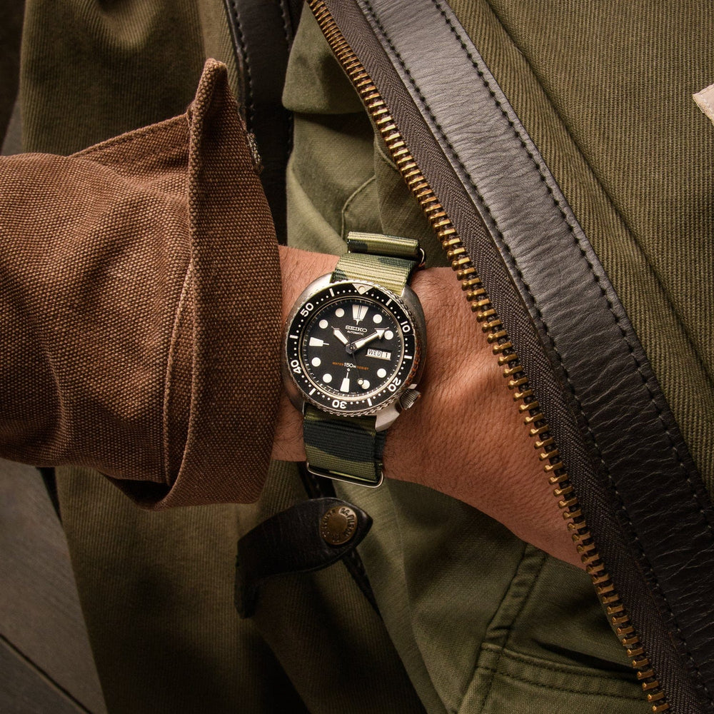 Classic Military Style Nylon Watch Band - Green Camo – lifestyle photo