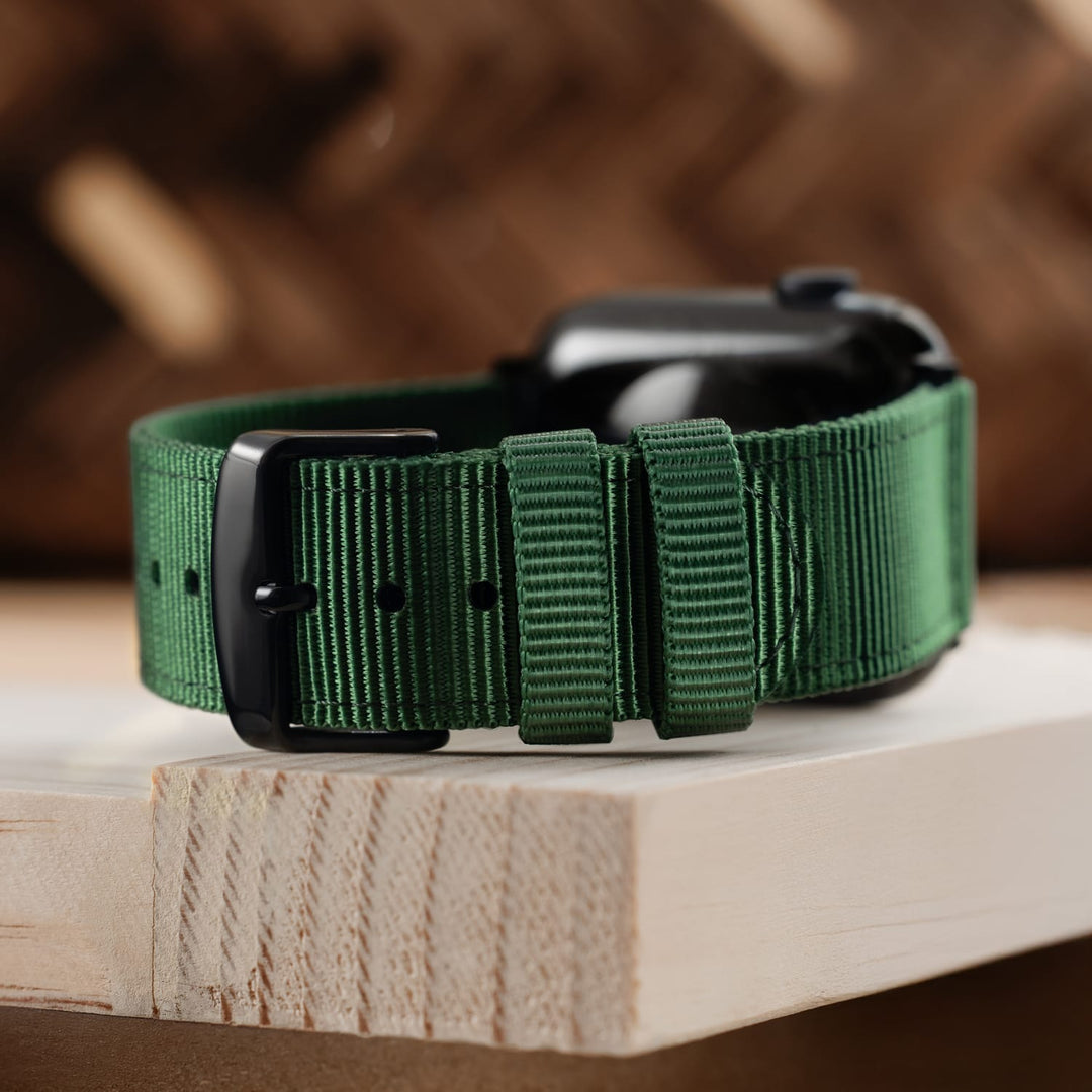 Apple Watch Nylon Watch Band in Forest Green/Black – lifestyle photo