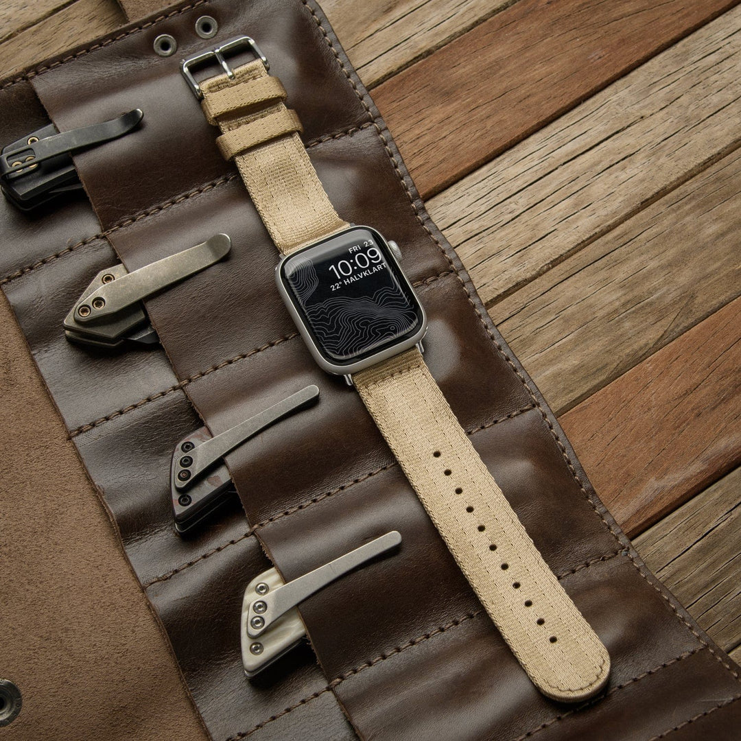 Apple Watch Seat Belt Nylon Watch Band - Khaki/Stainless