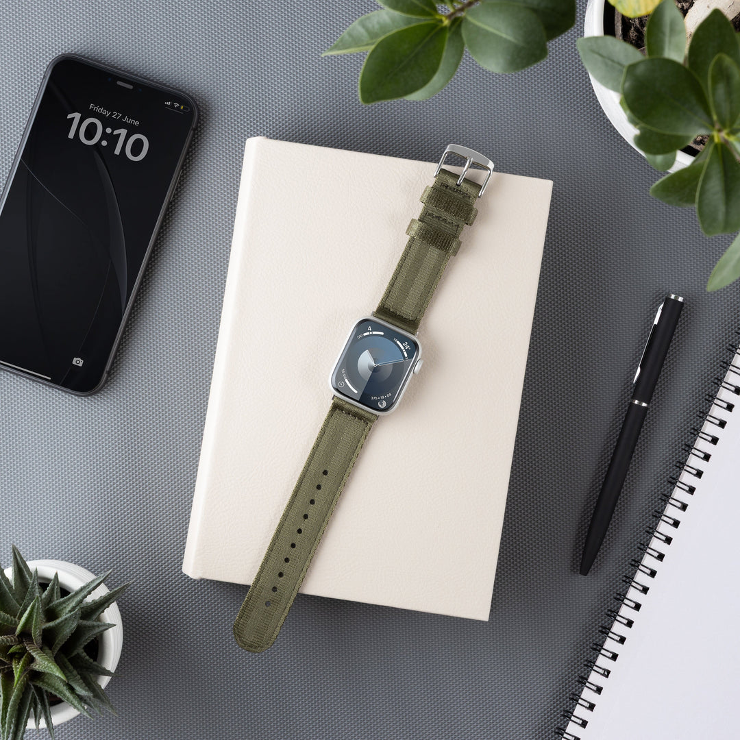 Apple Watch Seat Belt Nylon Watch Band - Olive/Stainless
