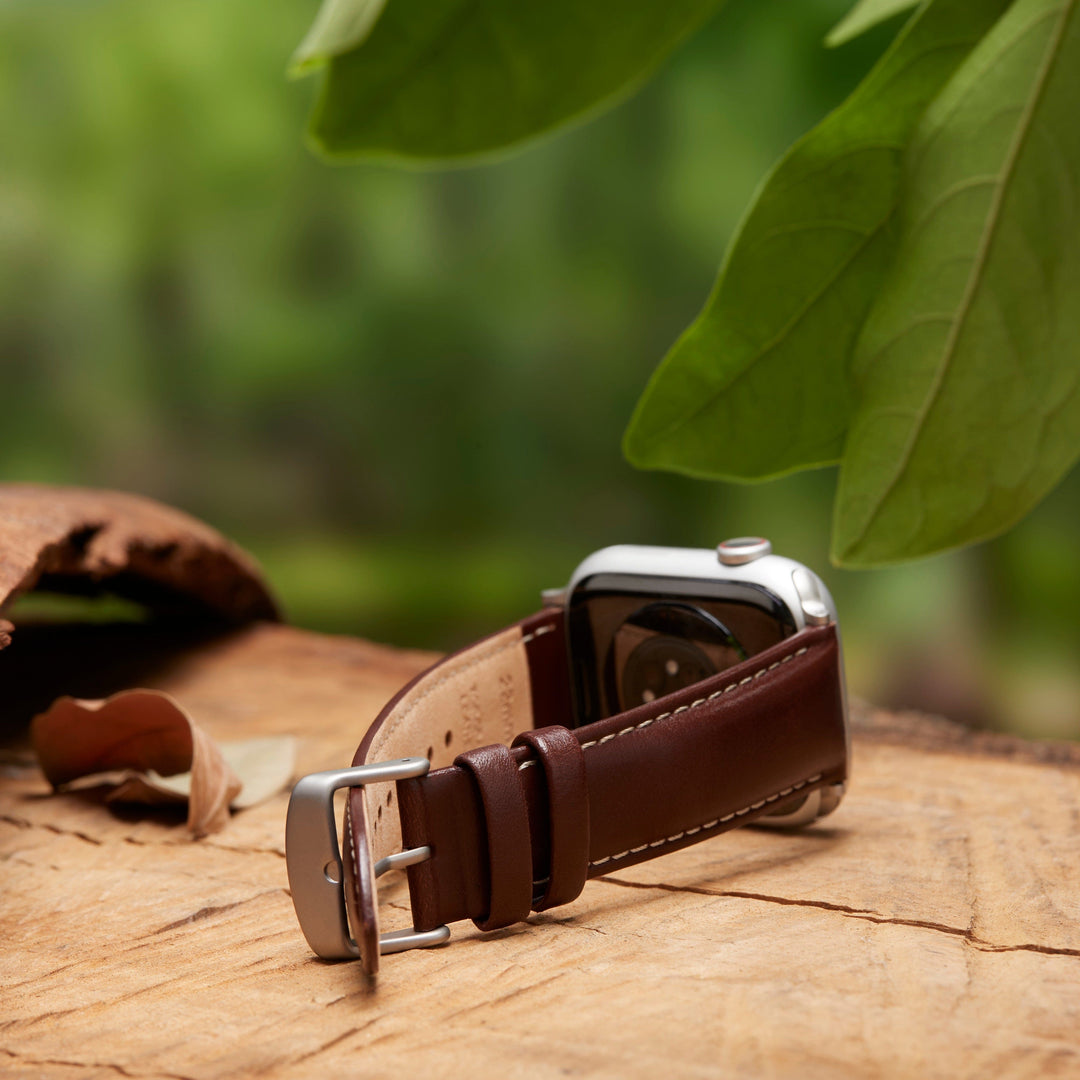 Apple Watch Leather Watch Band - Mahogany/Natural/Silver Aluminum – lifestyle photo