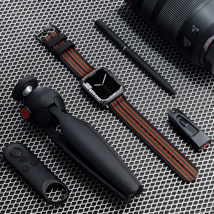 Apple Watch Nylon Watch Band in Black, Red, Green/Black – lifestyle photo