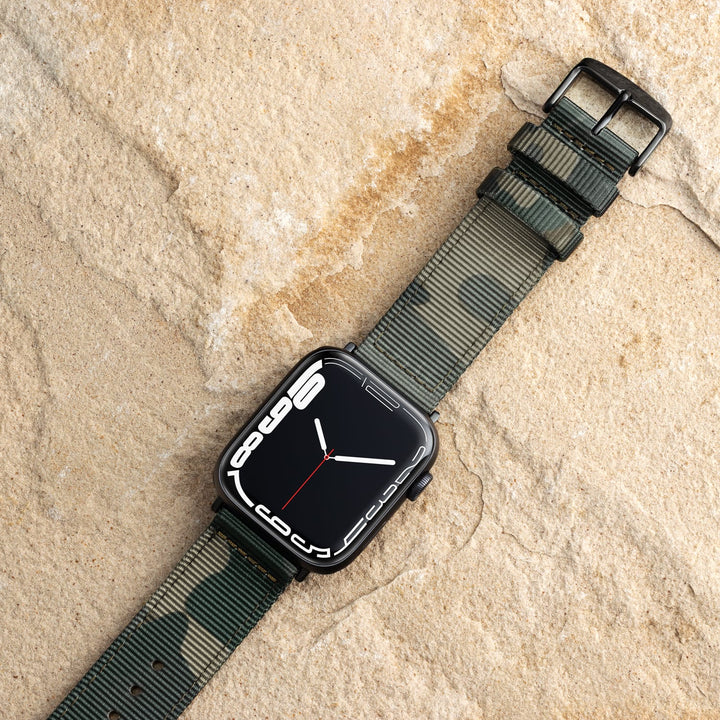 Apple Watch Nylon Watch Band in Green Camo/Black – lifestyle photo