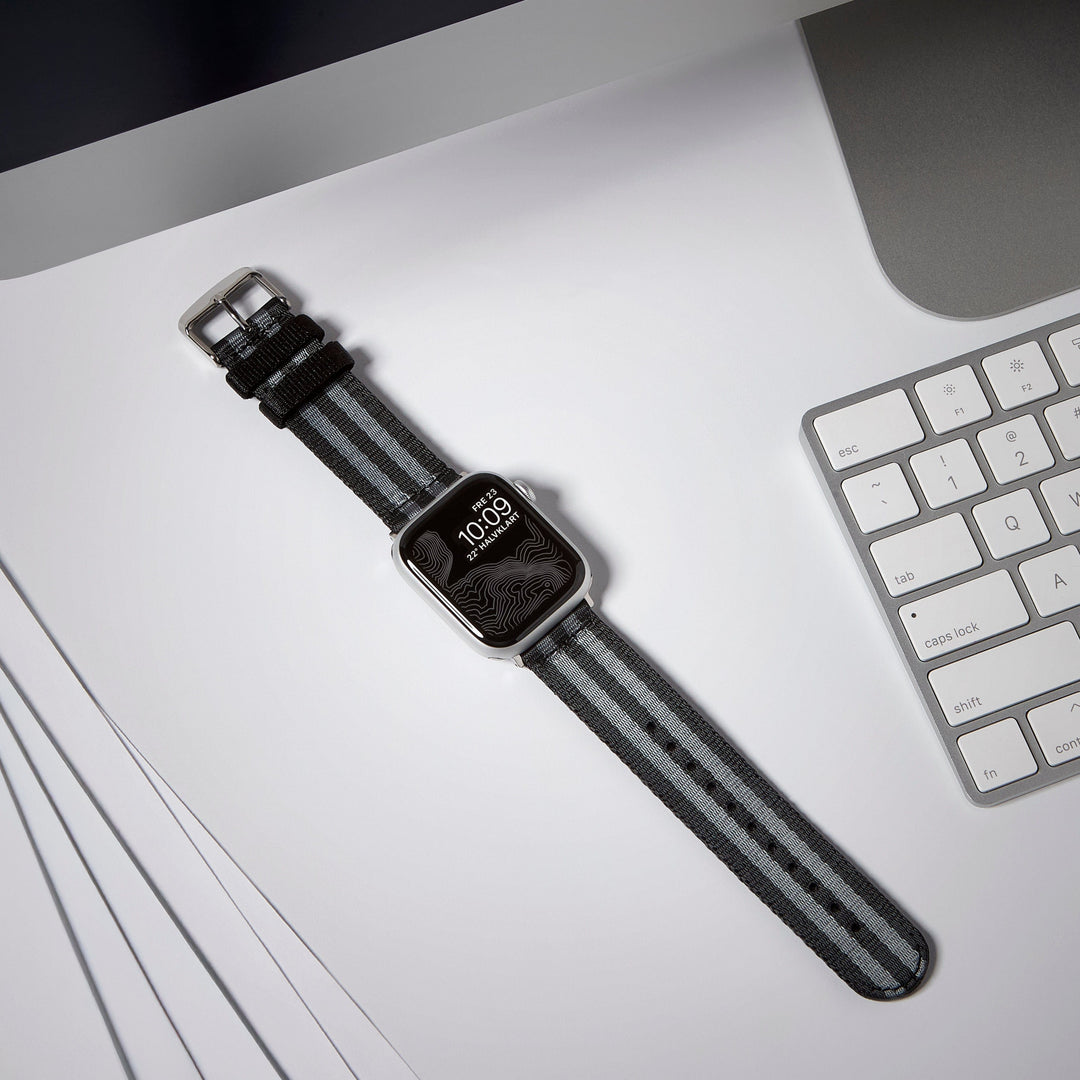 Apple Watch Seat Belt Nylon Watch Band - Black and Gray (James Bond)/Stainless