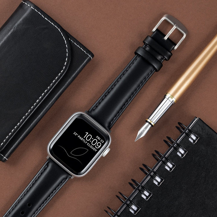 Apple Watch Leather Watch Band - Black/Matched/Silver Aluminum