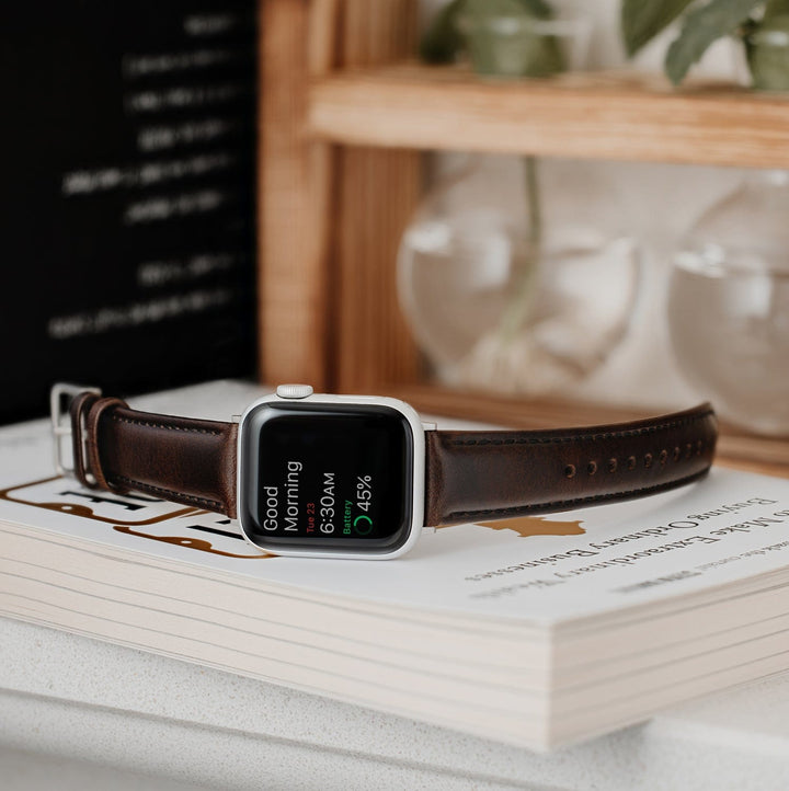 Apple Watch Leather Watch Band - Dark Chestnut/Matched/Silver Aluminum – lifestyle photo