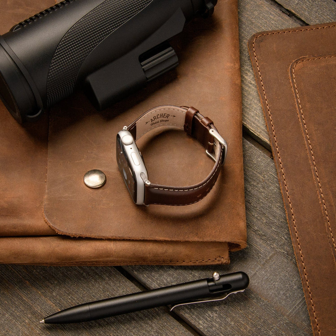 Apple Watch Leather Watch Band - Dark Chestnut/Natural/Silver Aluminum – lifestyle photo