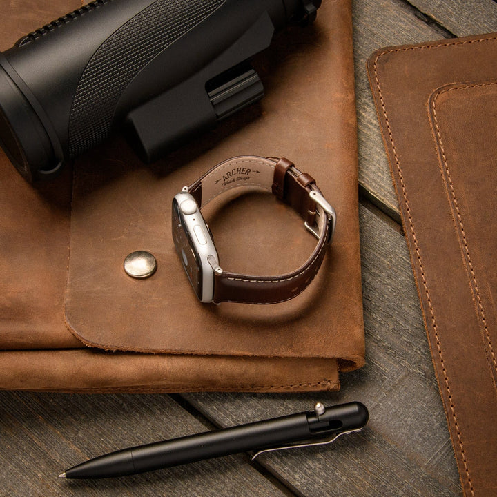 Apple Watch Leather Watch Band - Dark Chestnut/Natural/Silver Aluminum – lifestyle photo