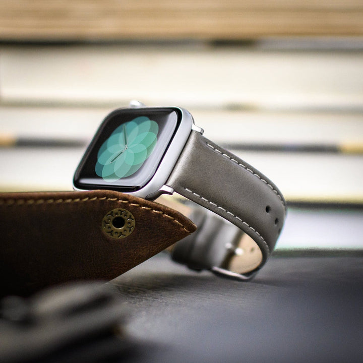 Apple Watch Leather Watch Band - Pewter Gray/Natural/Silver Aluminum – lifestyle photo