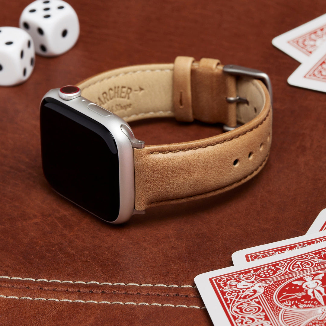 Apple Watch Leather Watch Band - Camel Tan/Matched/Silver Aluminum – lifestyle photo