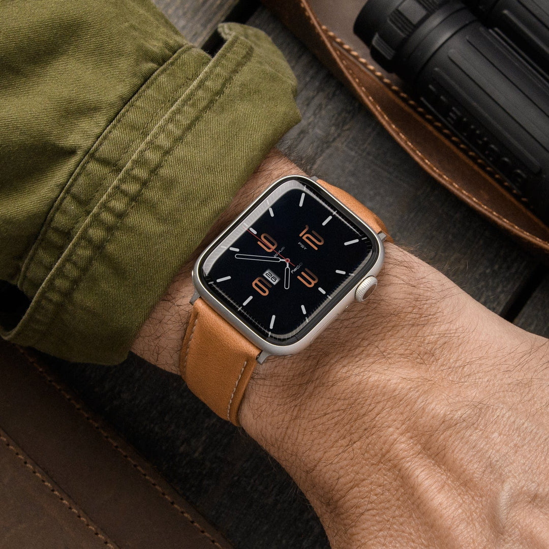 Apple Watch Leather Watch Band - Camel Tan/Natural/Silver Aluminum – lifestyle photo