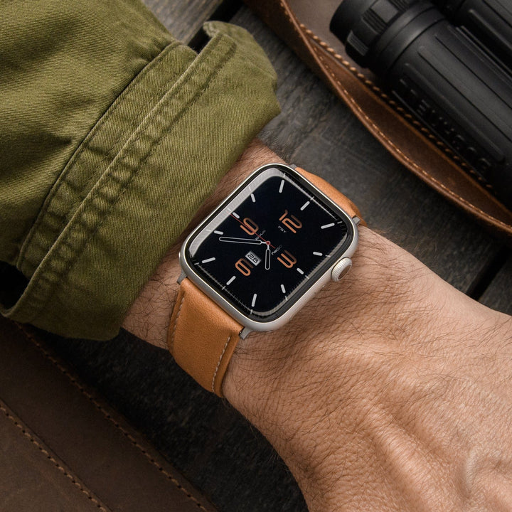 Apple Watch Leather Watch Band - Camel Tan/Natural/Silver Aluminum – lifestyle photo