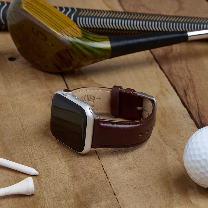 Apple Watch Leather Watch Band - Mahogany/Matched/Silver Aluminum – lifestyle photo