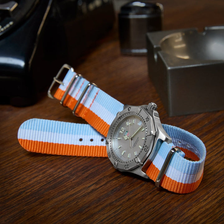 Classic Military Style Nylon Watch Band - Orange/White/Light Blue