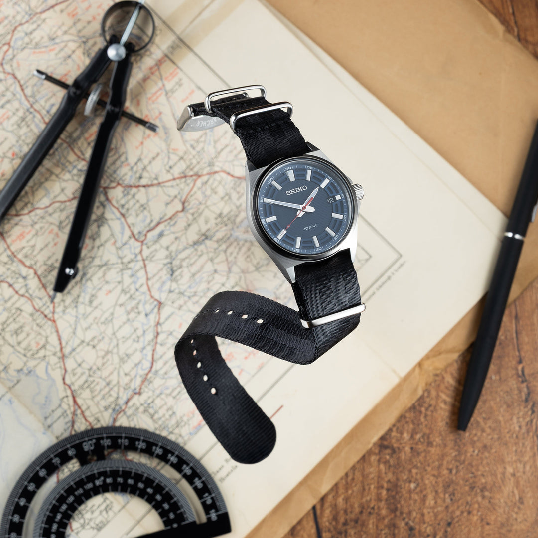 Seat Belt Nylon Military Style Watch Band - Black, Stainless Hardware