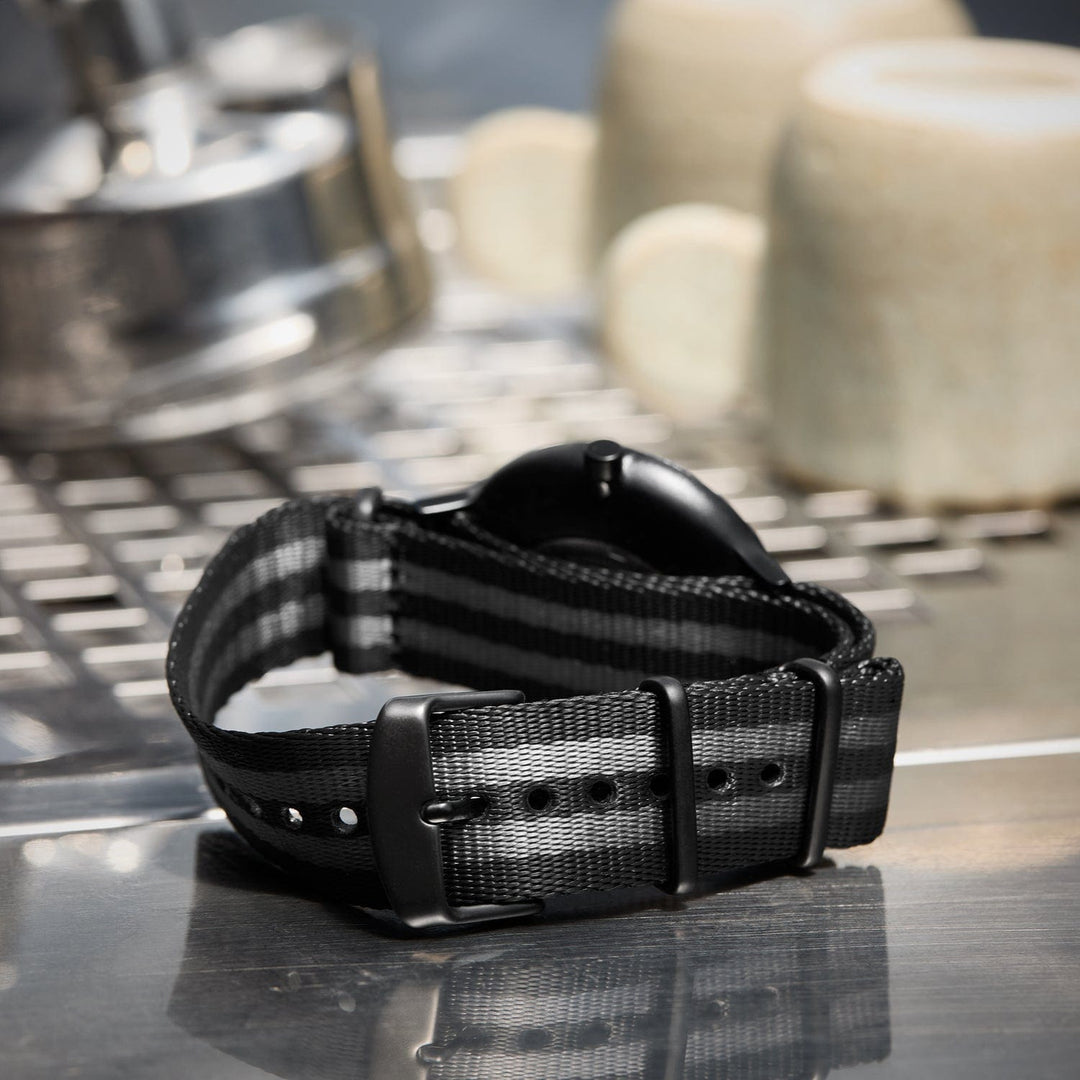 Seat Belt Nylon Military Style Watch Band - Black and Gray, Black Hardware