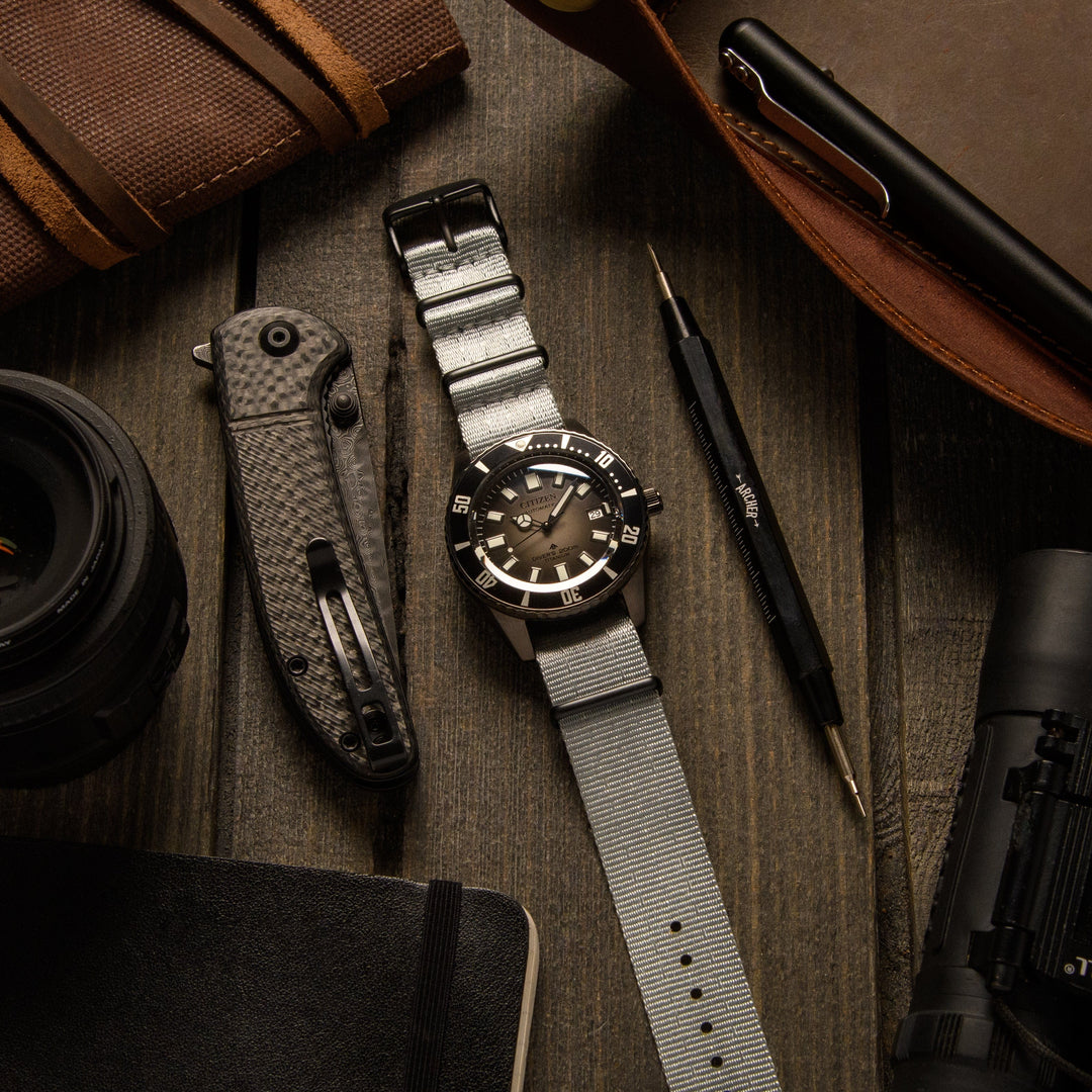 Seat Belt Nylon Military Style Watch Band - Gray, Black Hardware