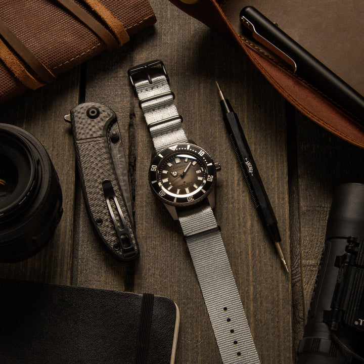 Seat Belt Nylon Military Style Watch Band - Gray, Black Hardware