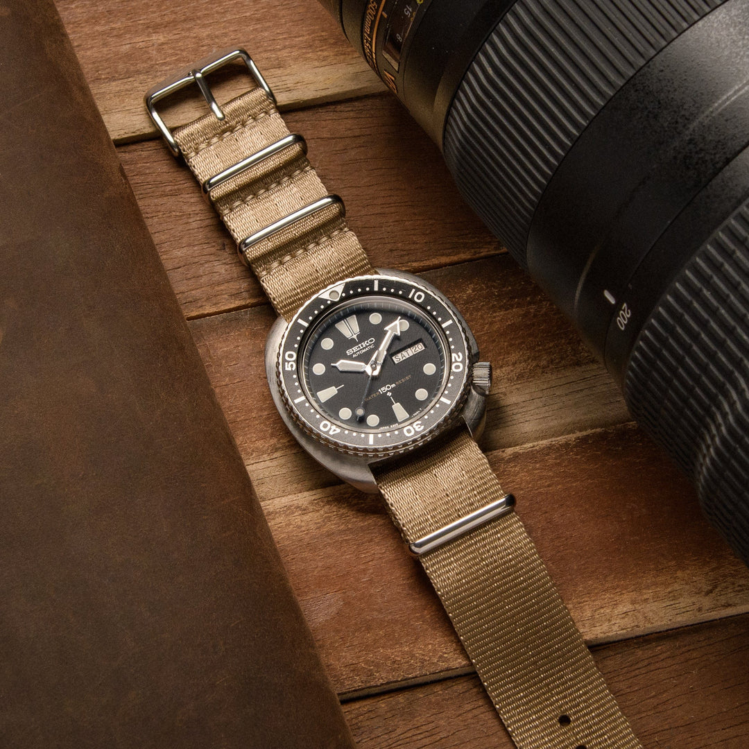 Seat Belt Nylon Military Style Watch Band - Khaki, Stainless Hardware
