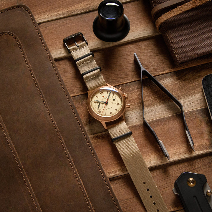 Seat Belt Nylon Military Style Watch Band - Khaki, Black Hardware