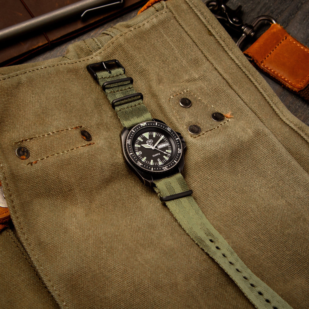 Seat Belt Nylon Military Style Watch Band - Olive, Black Hardware