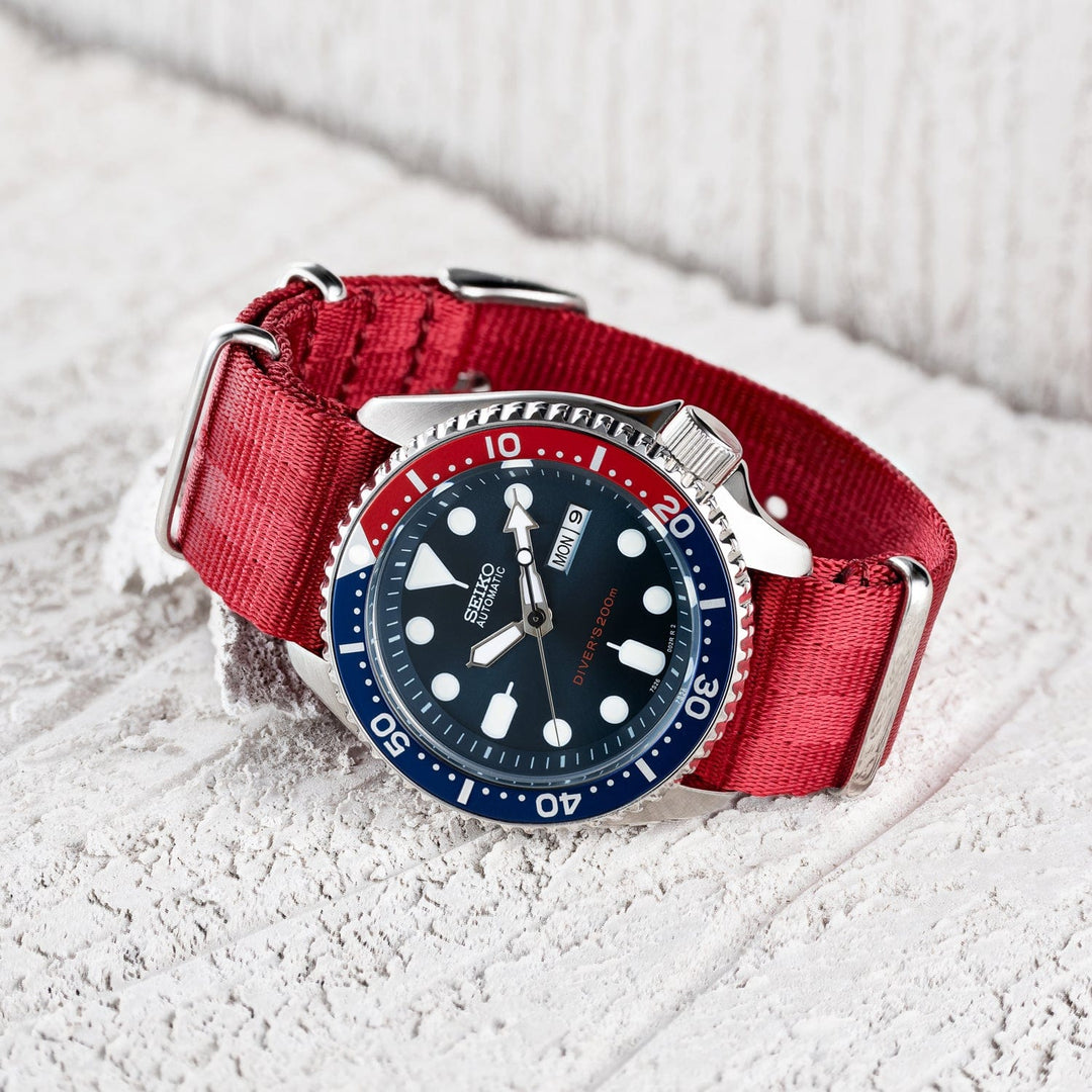 Seat Belt Nylon Military Style Watch Band - Red, Stainless Hardware