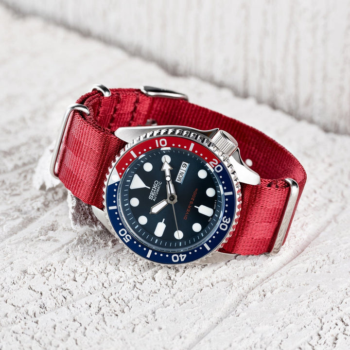 Seat Belt Nylon Military Style Watch Band - Red, Stainless Hardware