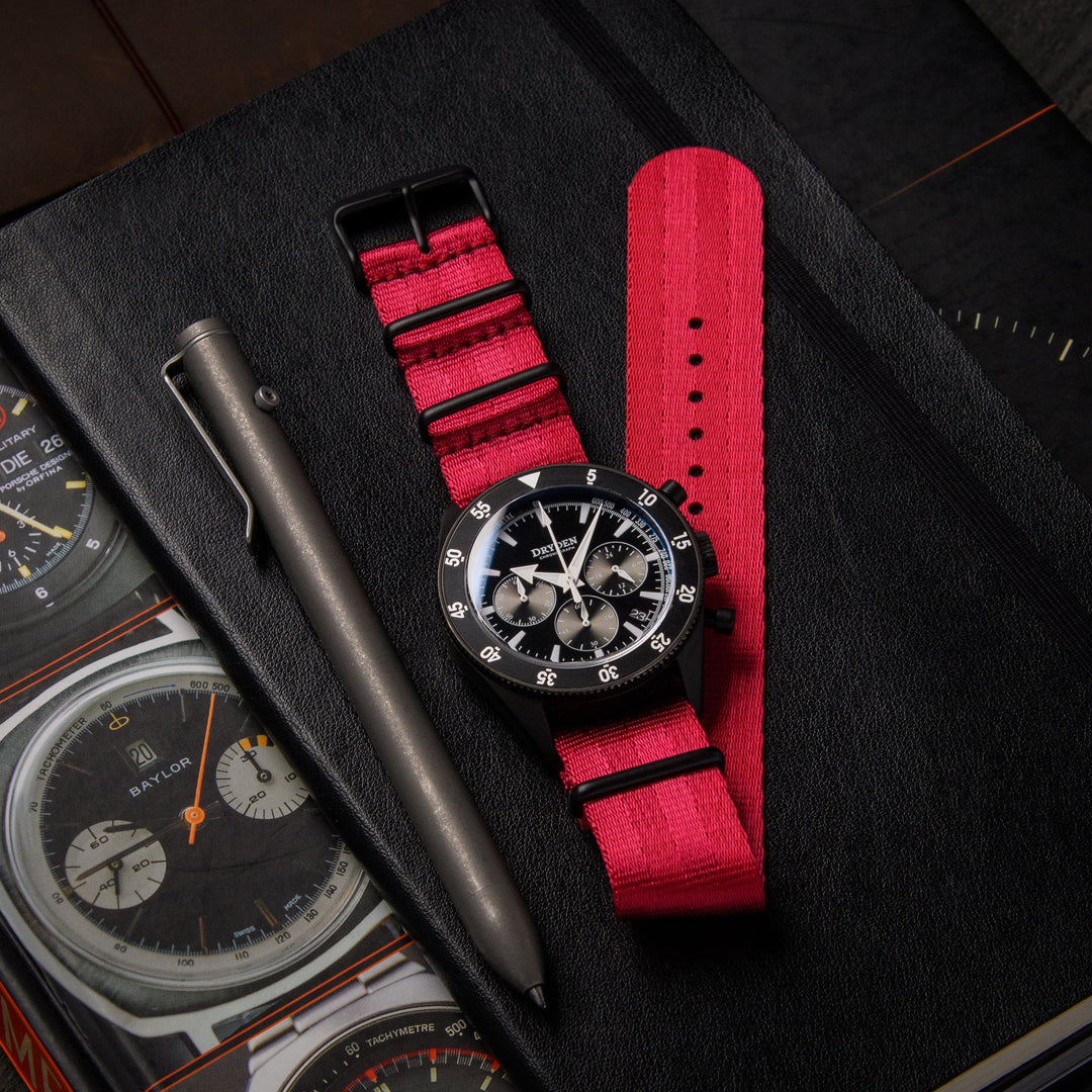 Seat Belt Nylon Military Style Watch Band - Red, Black Hardware