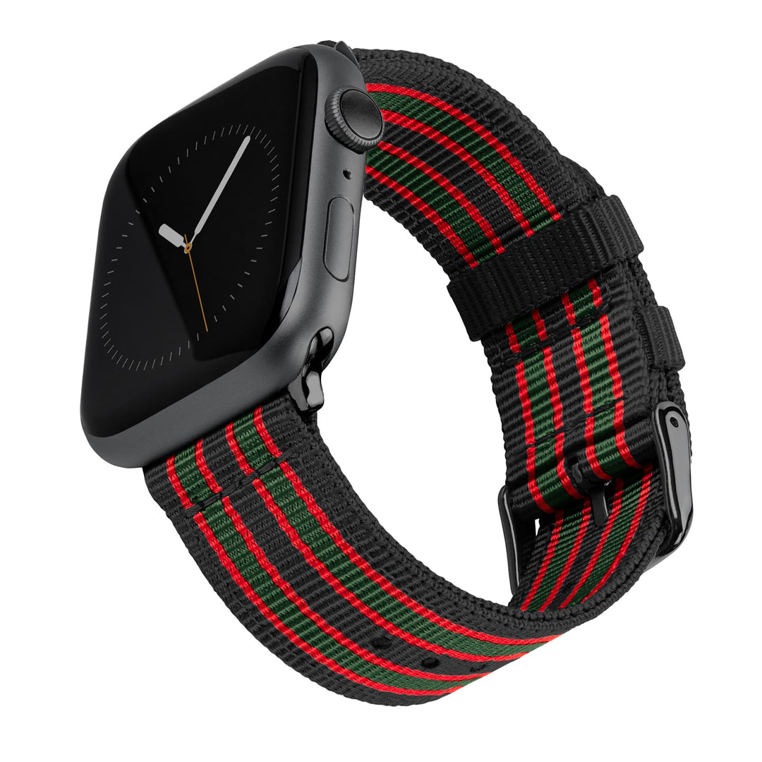 Apple Watch Nylon Watch Band in Black, Red, Green/Black – product shot