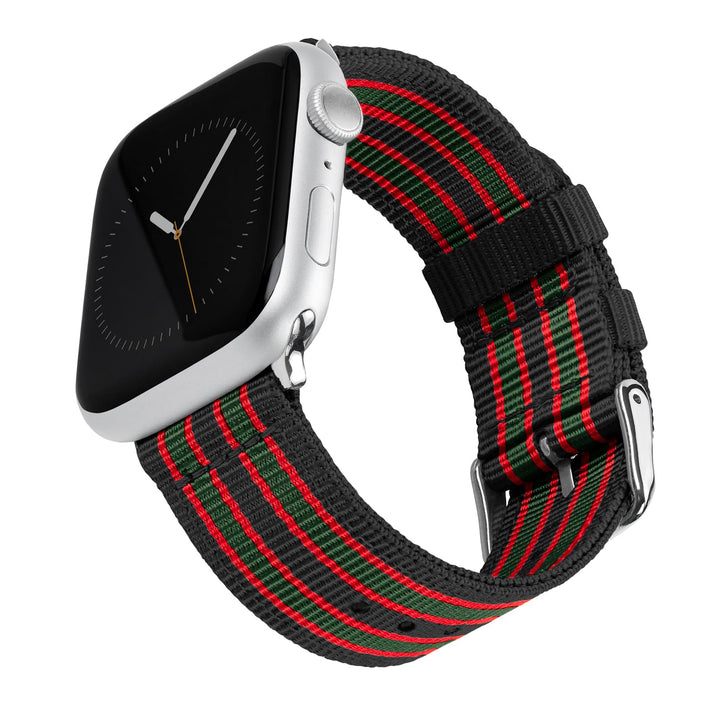 Apple Watch Nylon Watch Band in Black, Red, Green/Stainless – product shot