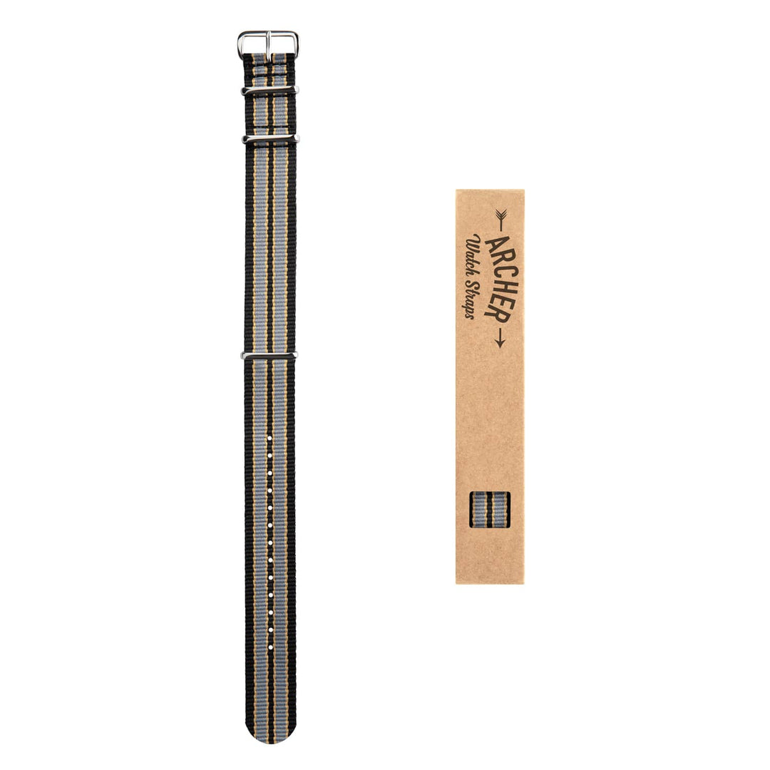 Classic Military Style Nylon Watch Band - Black/Gray/Gold – overhead flat lay