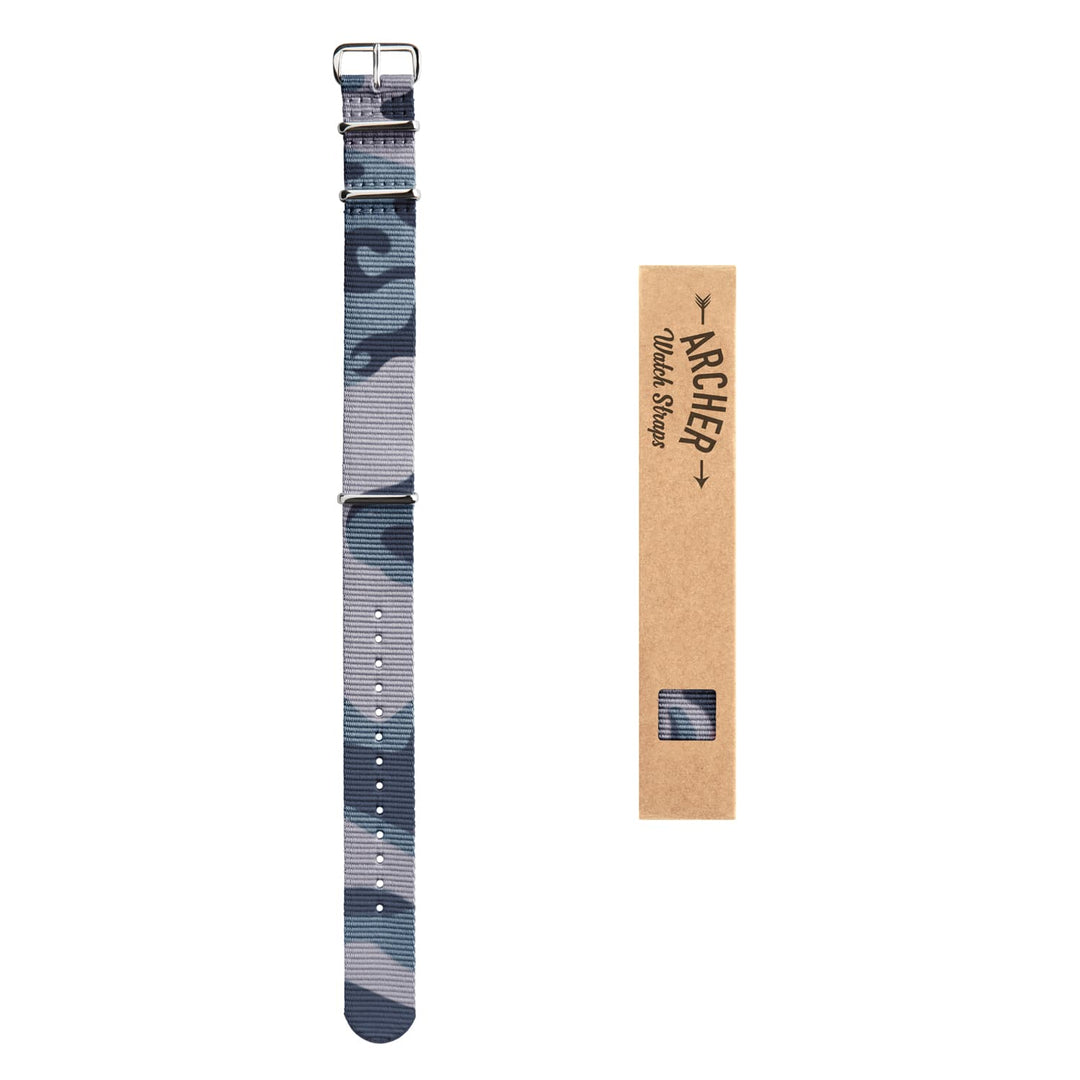 Classic Military Style Nylon Watch Band - Blue Camo – overhead flat lay
