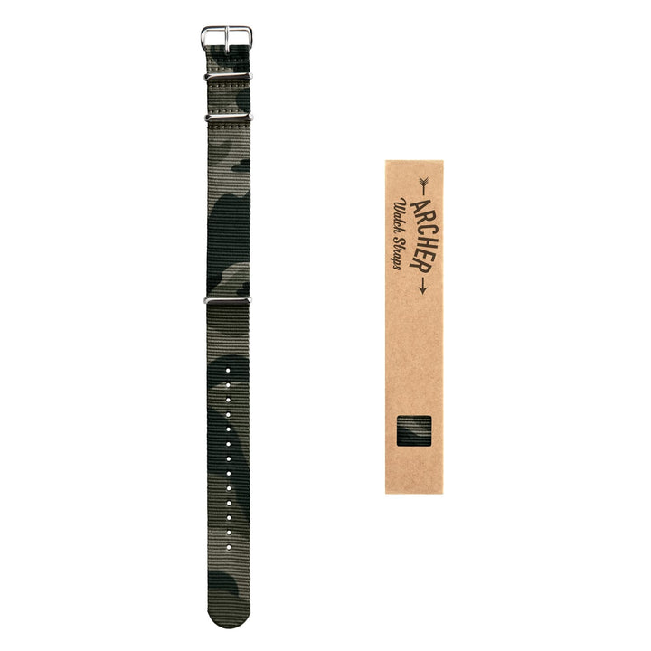 Classic Military Style Nylon Watch Band - Green Camo –overhead flat lay