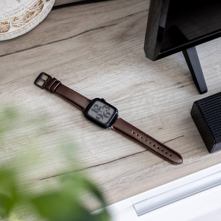 Apple Watch Leather Watch Band - Dark Chestnut/Matched/Space Gray – lifestyle photo