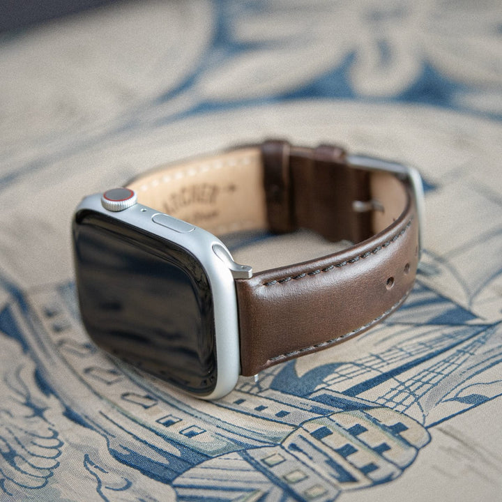 Apple Watch Leather Watch Band - Dark Chestnut/Matched/Silver Aluminum – lifestyle photo