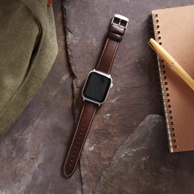Apple Watch Leather Watch Band - Dark Chestnut/Natural/Silver Aluminum – lifestyle photo