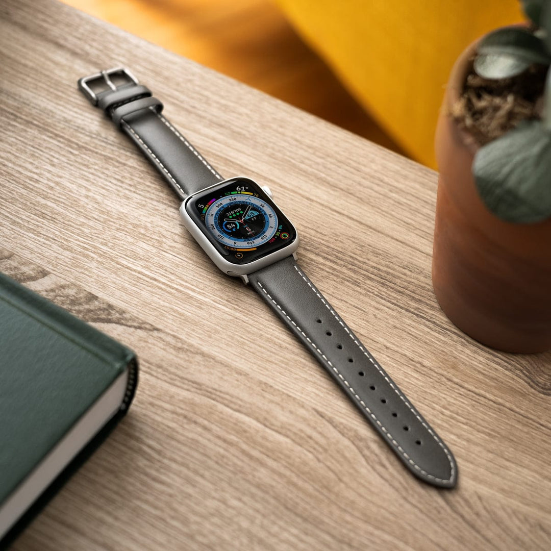 Apple Watch Leather Watch Band - Pewter Gray/Natural/Silver Aluminum – lifestyle photo