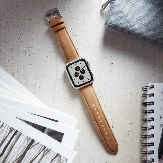 Apple Watch Leather Watch Band - Camel Tan/Matched/Silver Aluminum – lifestyle photo