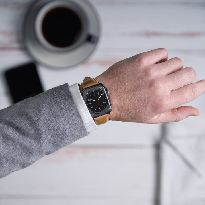 Apple Watch Leather Watch Band - Camel Tan/Natural/Space Gray – lifestyle photo