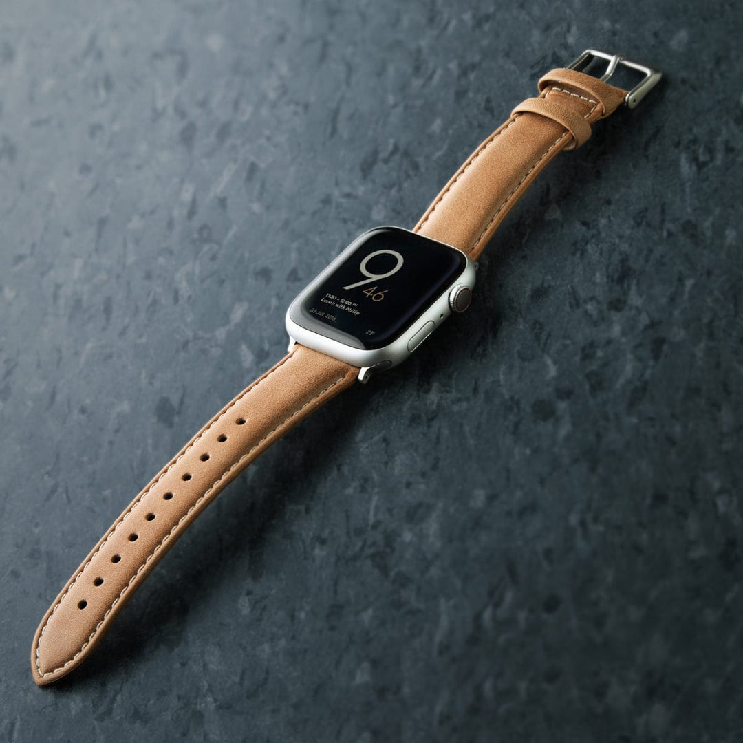 Apple Watch Leather Watch Band - Camel Tan/Natural/Silver Aluminum – lifestyle photo