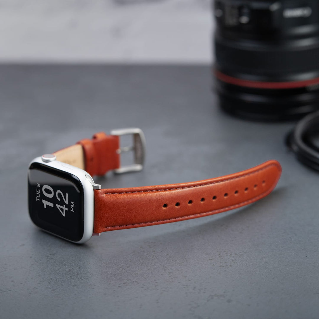 Apple Watch Leather Watch Band - Cognac/Matched/Silver Aluminum – lifestyle photo