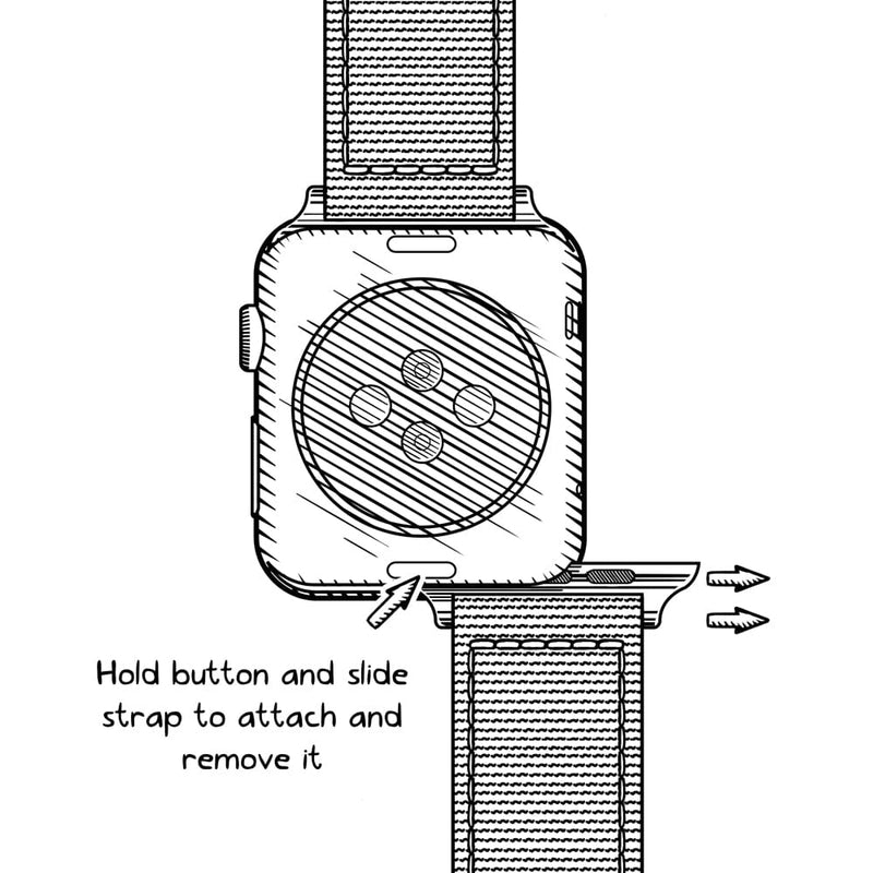 Illustration of watch underside showing quick-release spring bar mechanism with arrows indicating how to slide the strap off