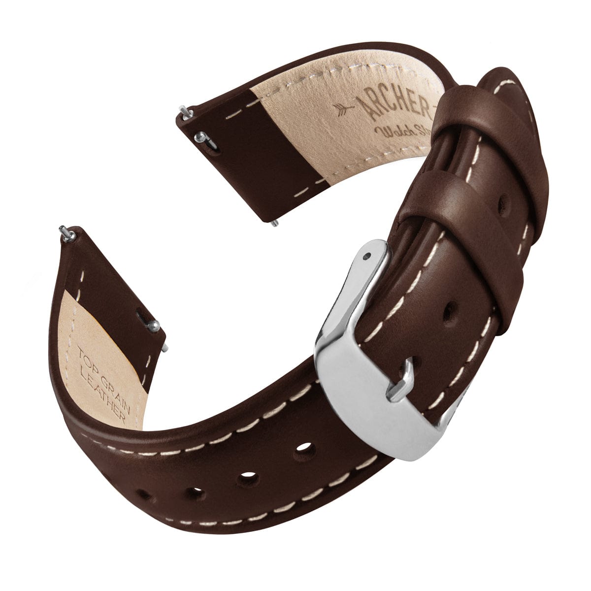 Quick release leather watch strap in dark brown with natural lining and silver buckle